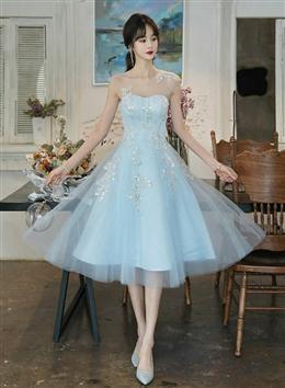 Picture of Cute Blue Short Tulle with Beaded Lace Party Dresses, Blue Homecoming Dress